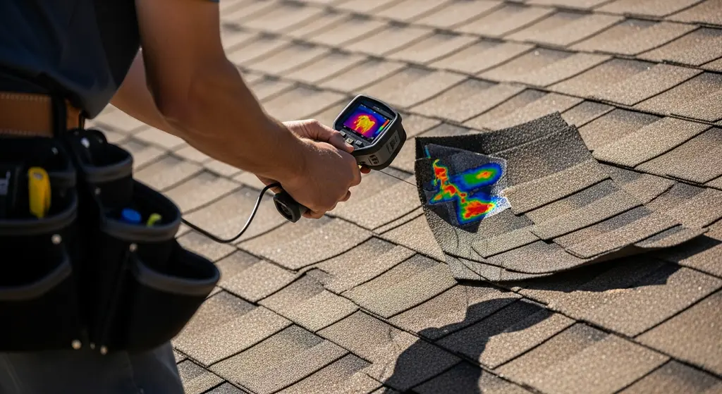 Thermal imaging being used to inspect a roof for hidden moisture