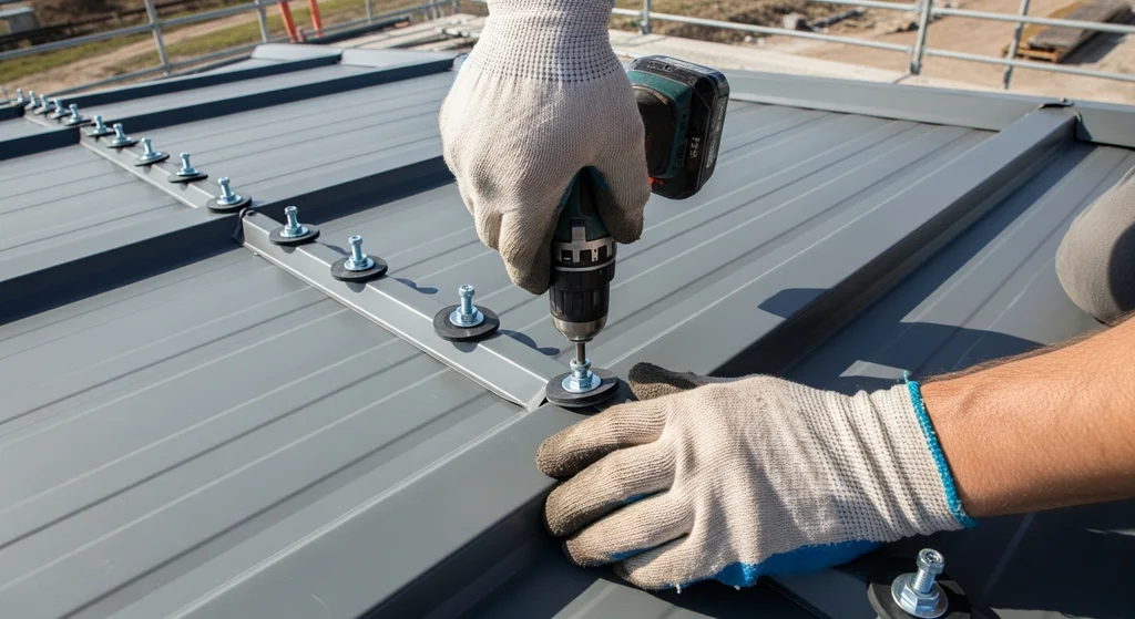 Roofer installing fasteners on a metal roof