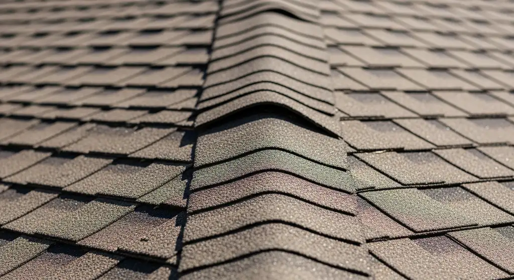 Curling asphalt shingles on a roof showing lifting edges and loss of adhesion