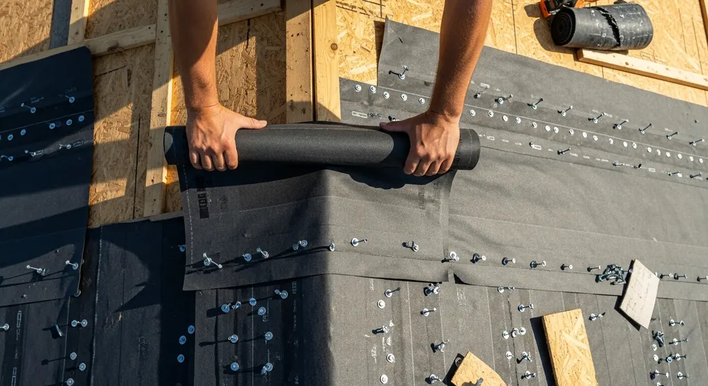 Roofer installing synthetic underlayment on wood decking