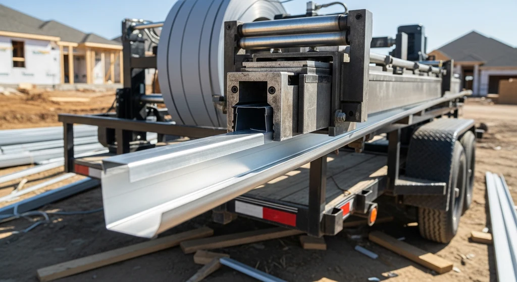 Seamless Gutters vs Traditional Gutters — Compared 2 Seamless gutter machine extruding aluminum on-site