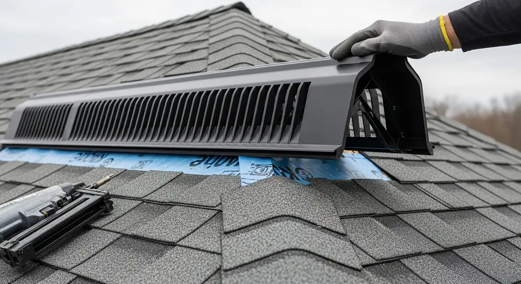 Ridge vent installation on asphalt shingles
