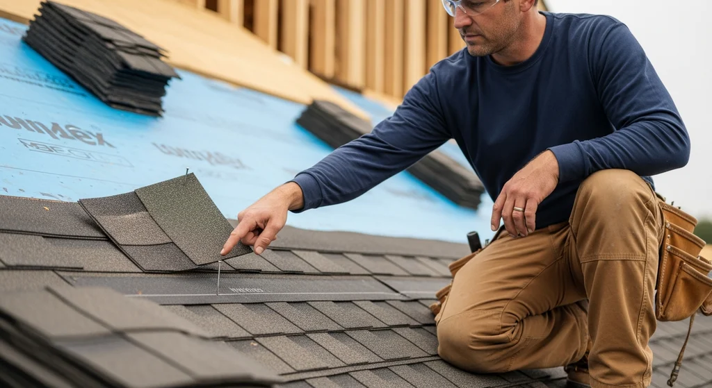 Roofer demonstrating improper nail placement on an asphalt shingle