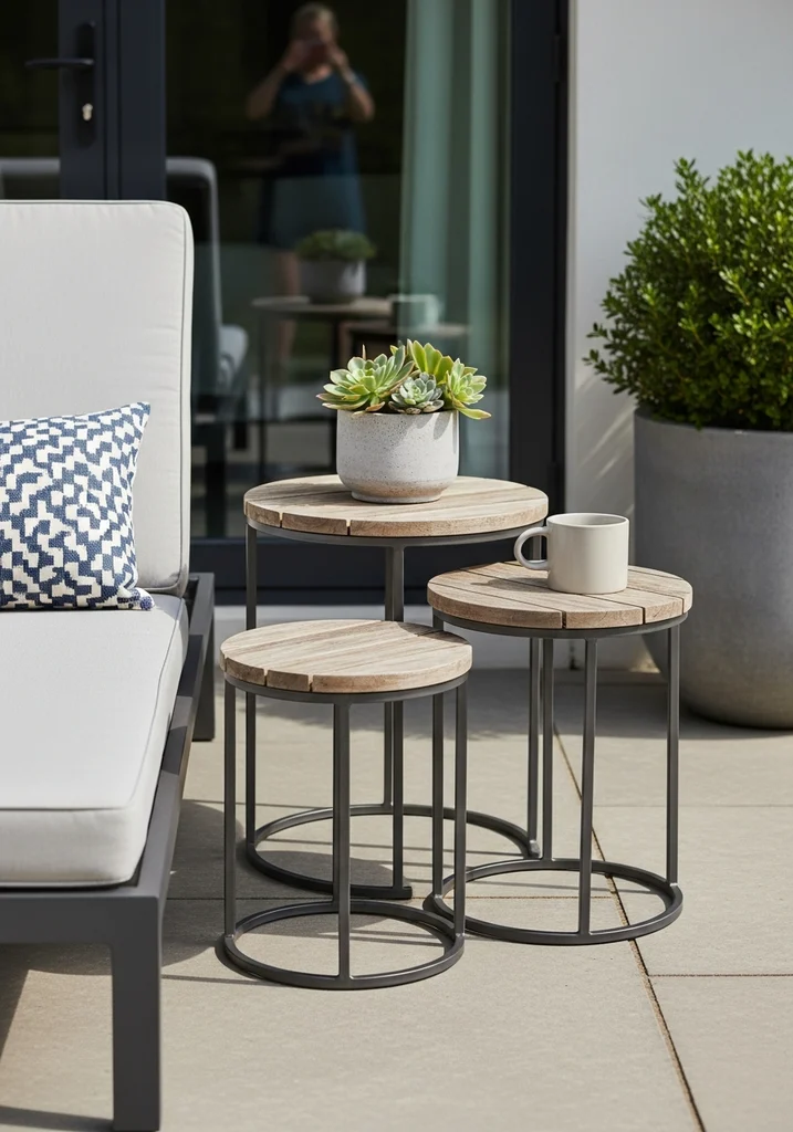 Outdoor accent tables next to lounge furniture.
