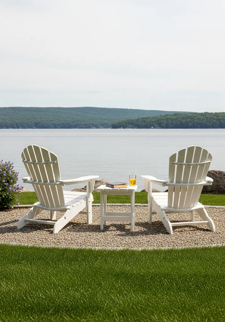 White Adirondack chairs overlooking a lake.