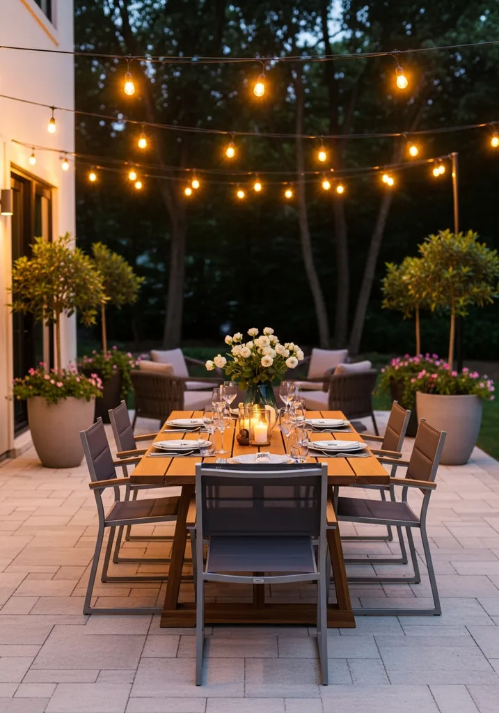 Elegant outdoor dining patio with wooden table and chairs