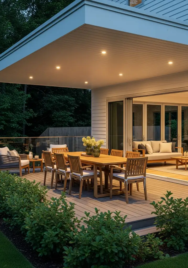 Al fresco under-deck dining room with teak furniture