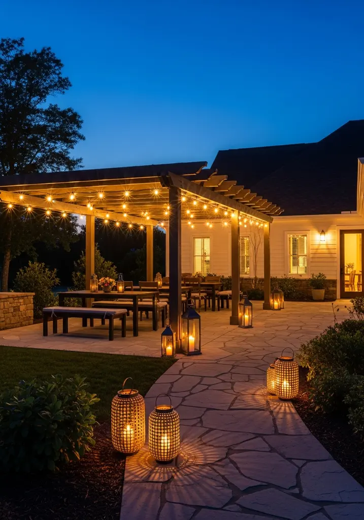 Outdoor patio with layered ambient lighting including string lights and lanterns