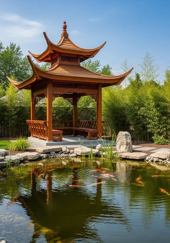 Asian-inspired wooden gazebo with pagoda roof by a koi pond