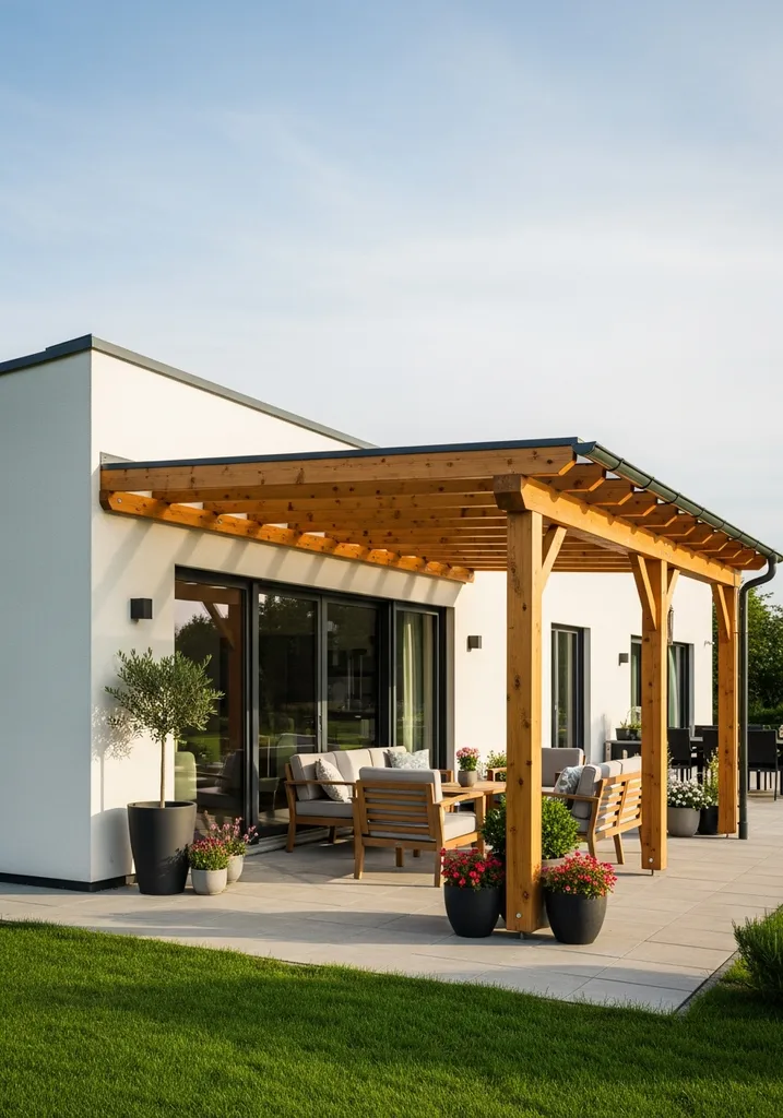 Wooden pergola attached to a house, creating a seamless indoor-outdoor transition.