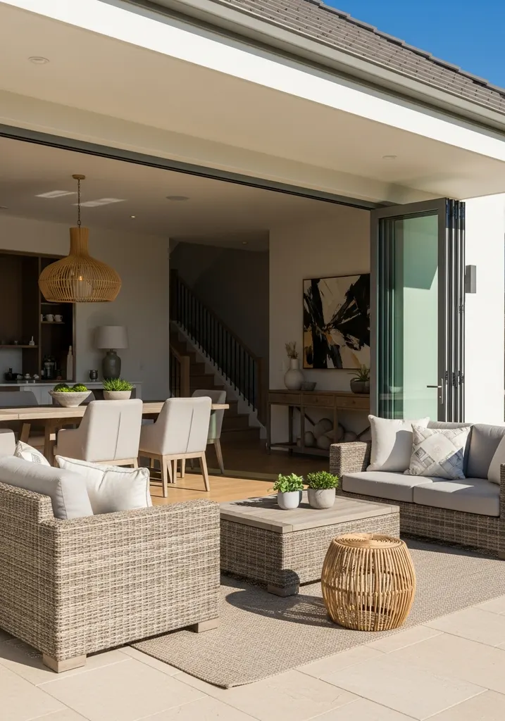 Living room with open bi-fold doors leading to a patio