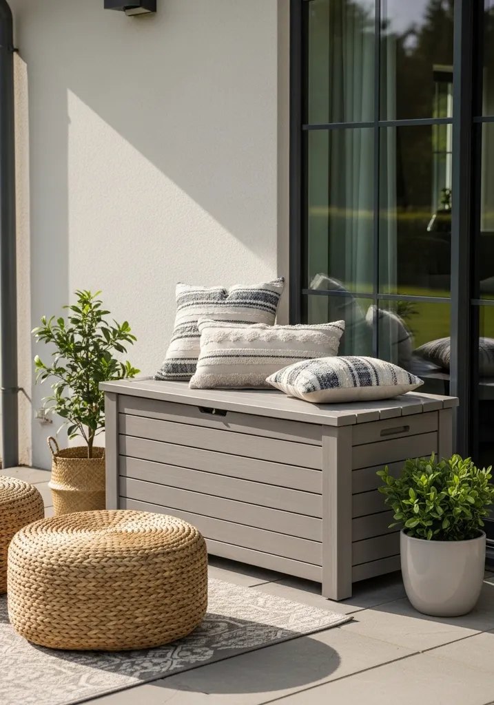 Gray wooden outdoor storage bench on a patio