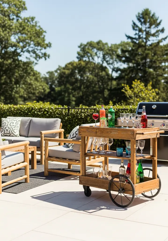 Repurposed wooden outdoor bar cart on a patio