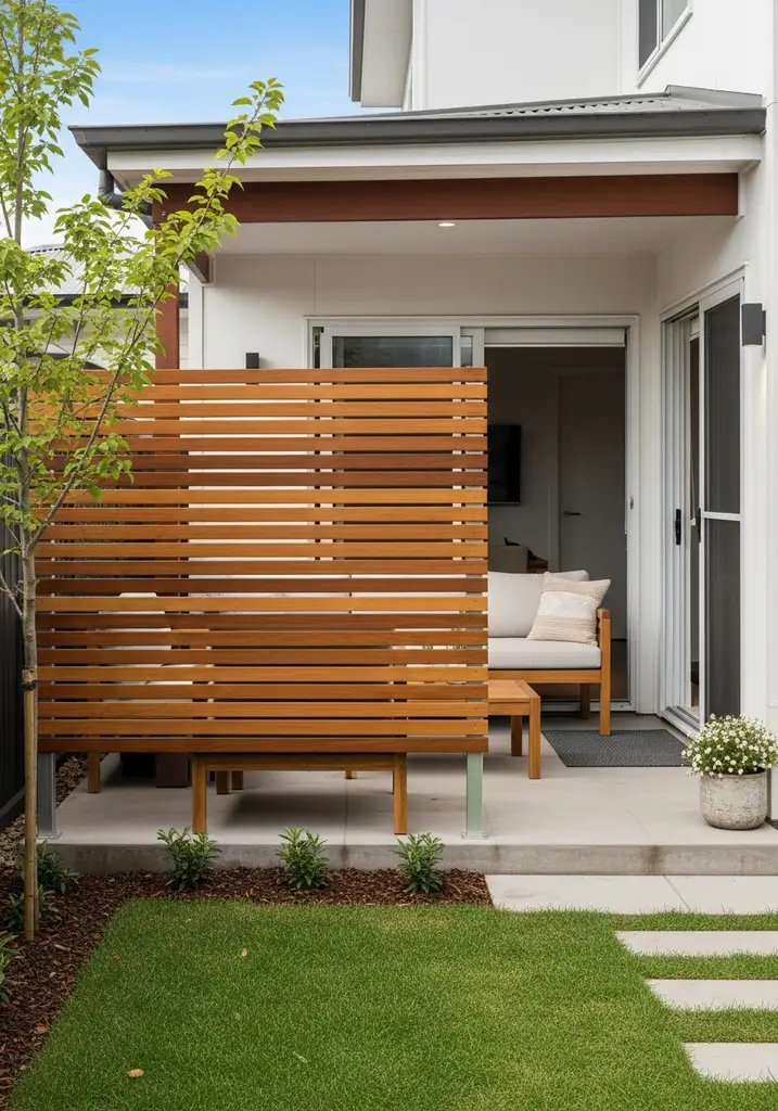 Modern wooden slatted privacy screen on a patio
