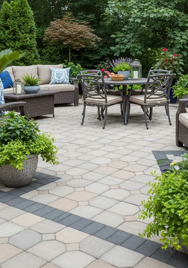 DIY paver patio with outdoor dining furniture and potted plants
