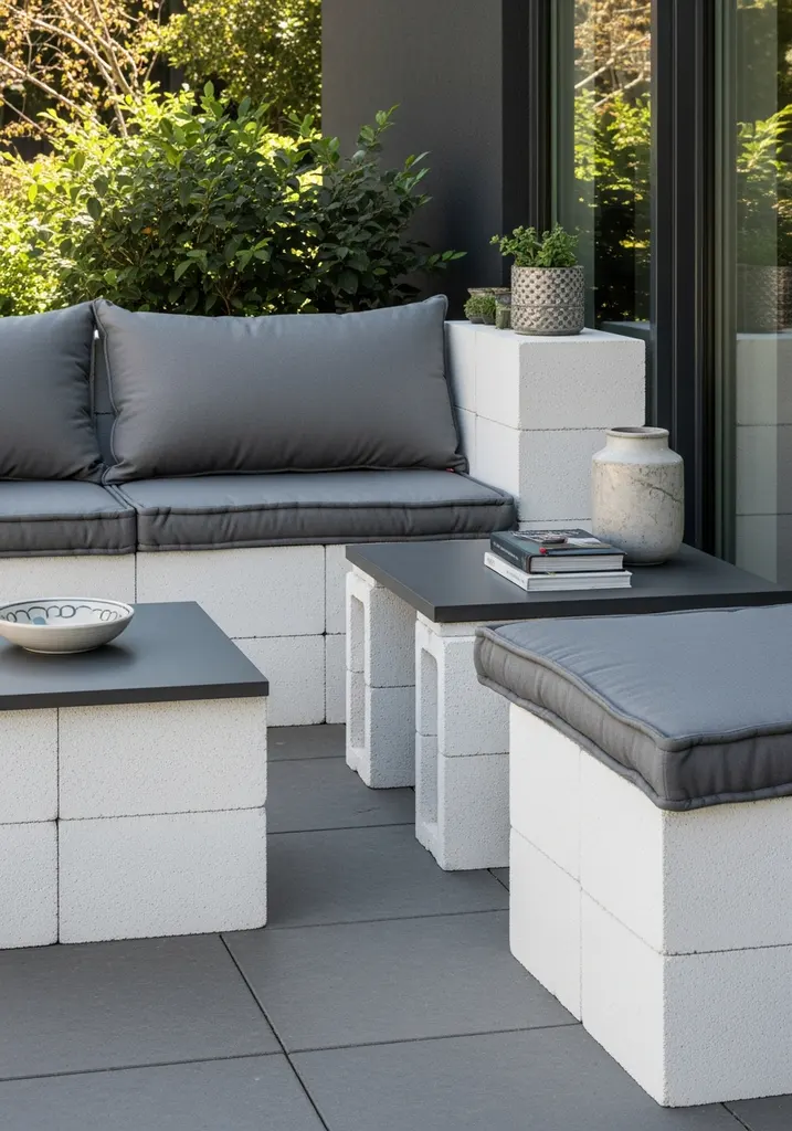 Modern outdoor bench constructed from painted cinder blocks with cushions.
