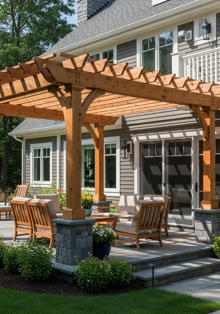Classic cedar wood pergola providing dappled shade over a patio.