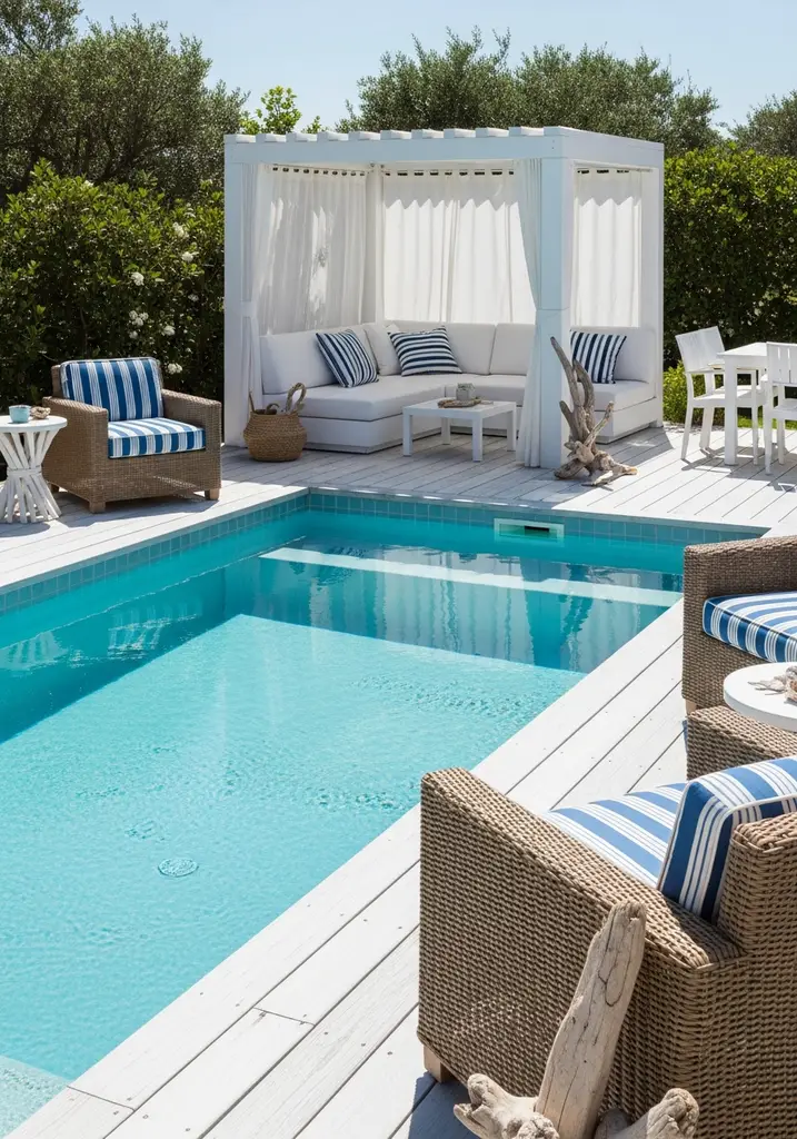 Coastal chic outdoor living space with a light blue pool, white washed wood deck, and a cabana.