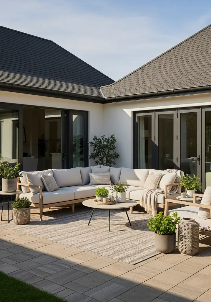 Comfortable outdoor lounge with plush sectional and outdoor rug