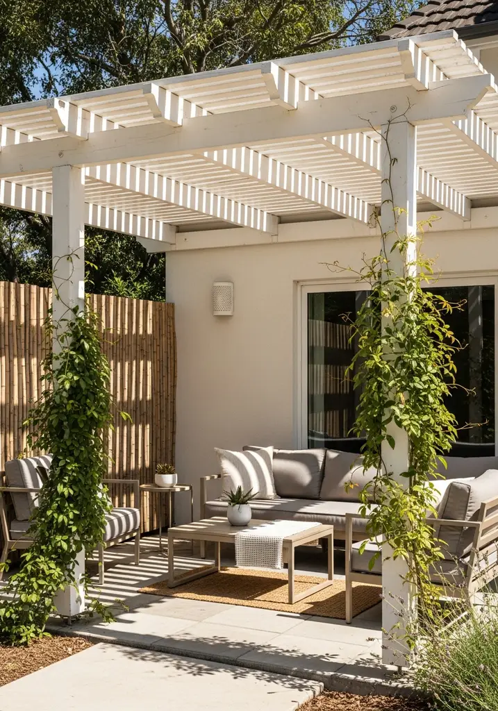 White wooden pergola over a patio with outdoor sofa