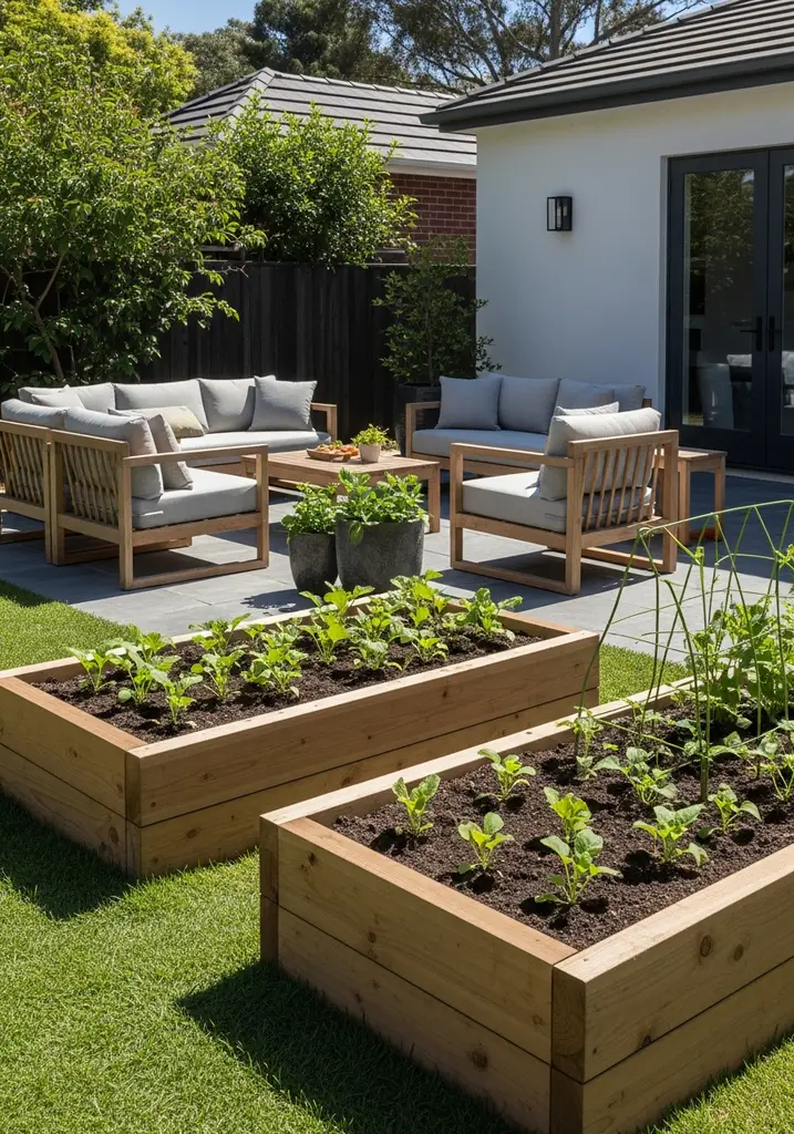 Wooden raised garden beds filled with young vegetable plants