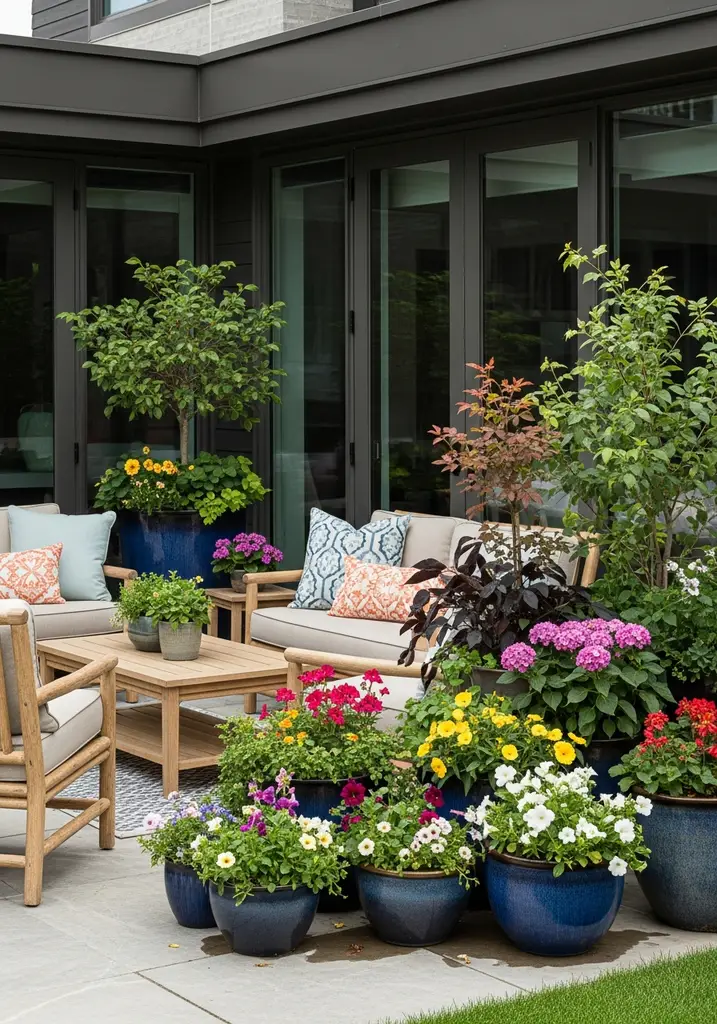 Colorful container garden with various plants and pots on a patio.