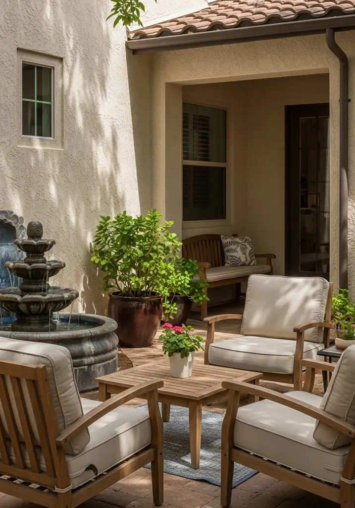 Private courtyard oasis with a fountain and lush plants