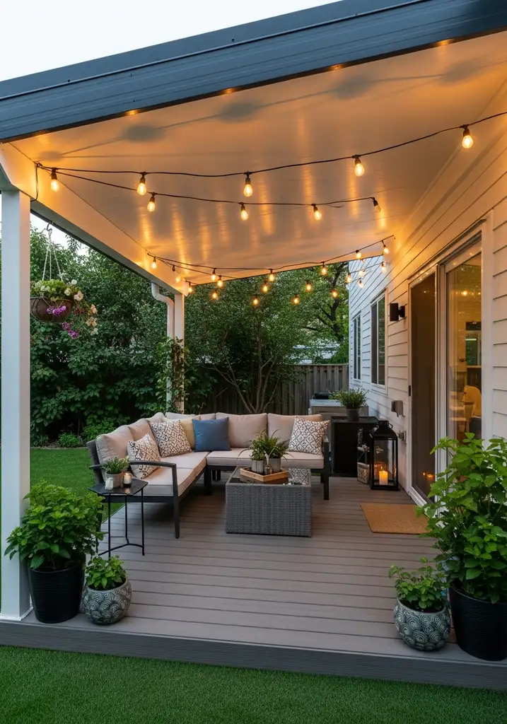 Modern covered patio with composite decking and comfortable outdoor furniture