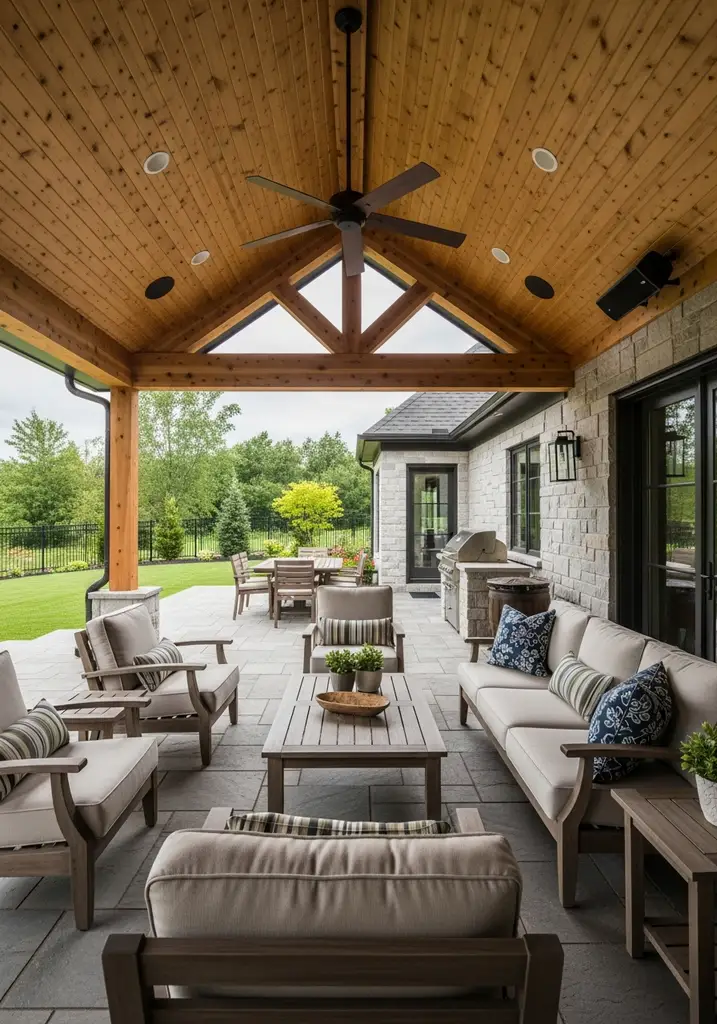 Spacious covered patio with ceiling fan and comfortable seating