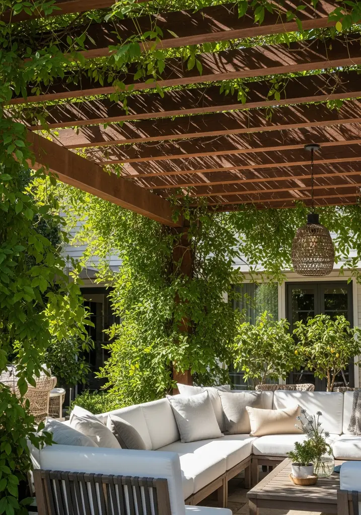 Wooden pergola with climbing vines shading an outdoor lounge