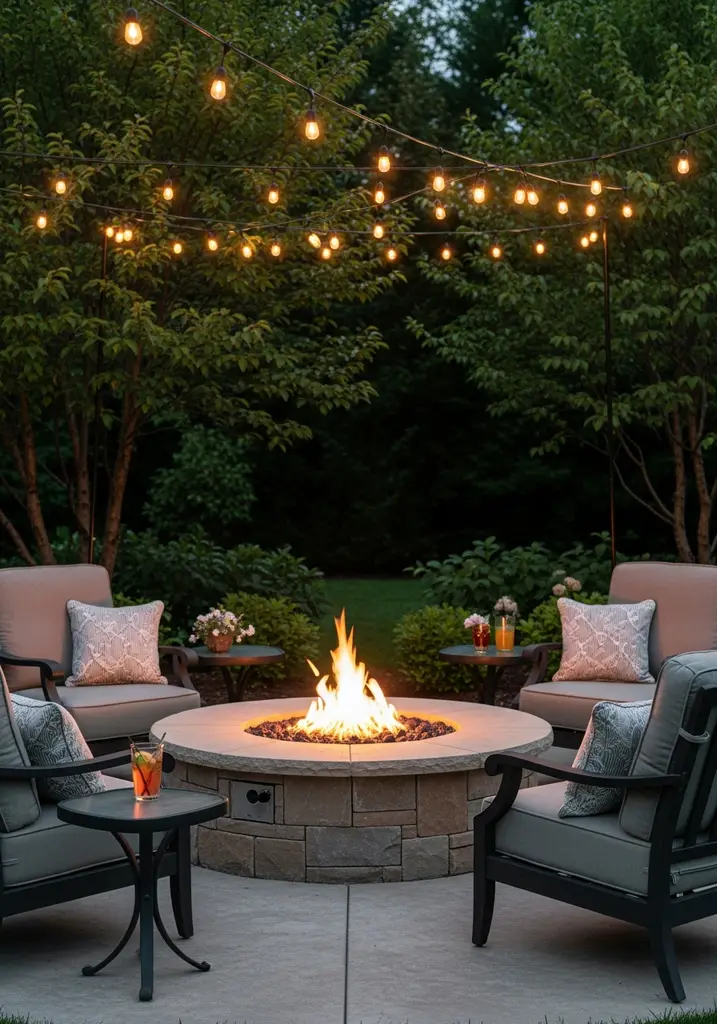 Cozy outdoor fire pit area with comfortable seating and ambient lighting