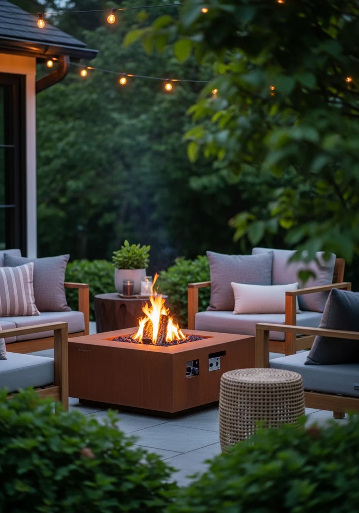 Modern Corten steel fire pit with comfortable seating and string lights