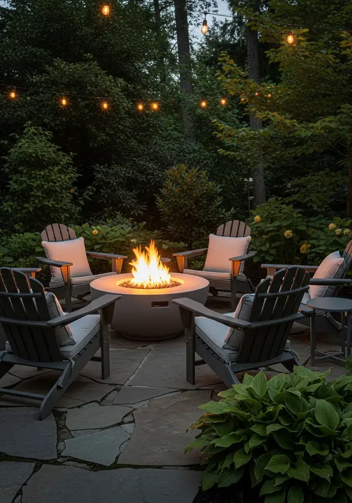 Cozy fire pit area with stone seating and warm lighting