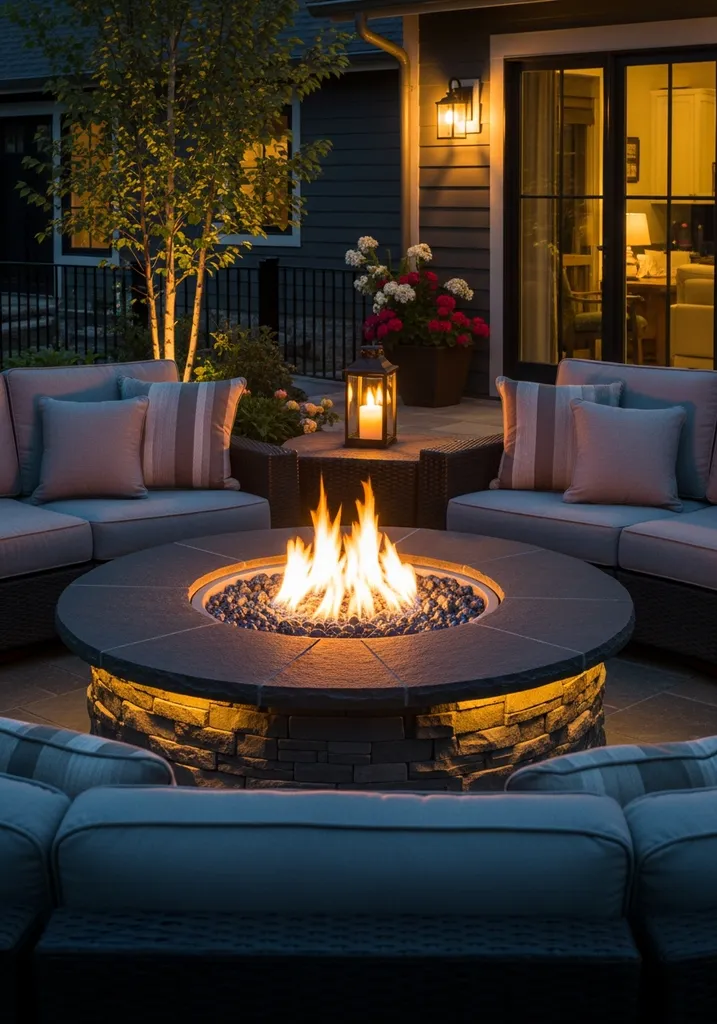 Cozy outdoor fire pit lounge with comfortable seating.