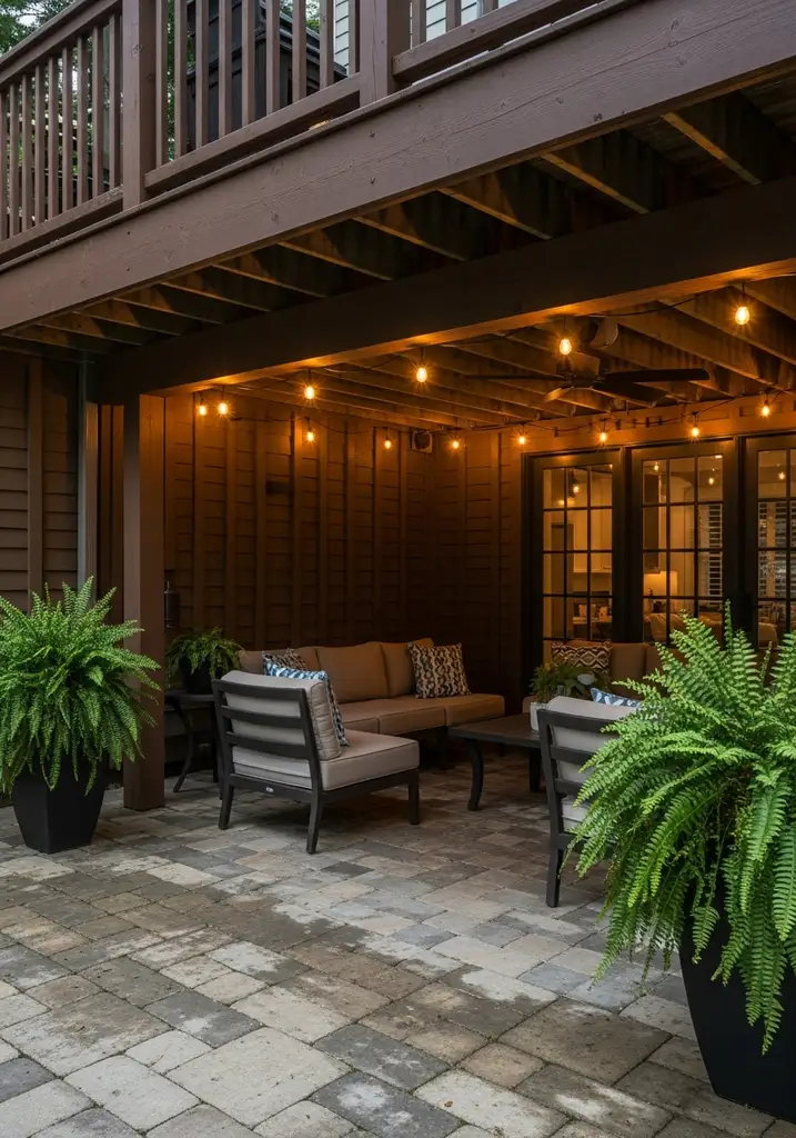Cozy under-deck lounge with Sunbrella cushions and string lights