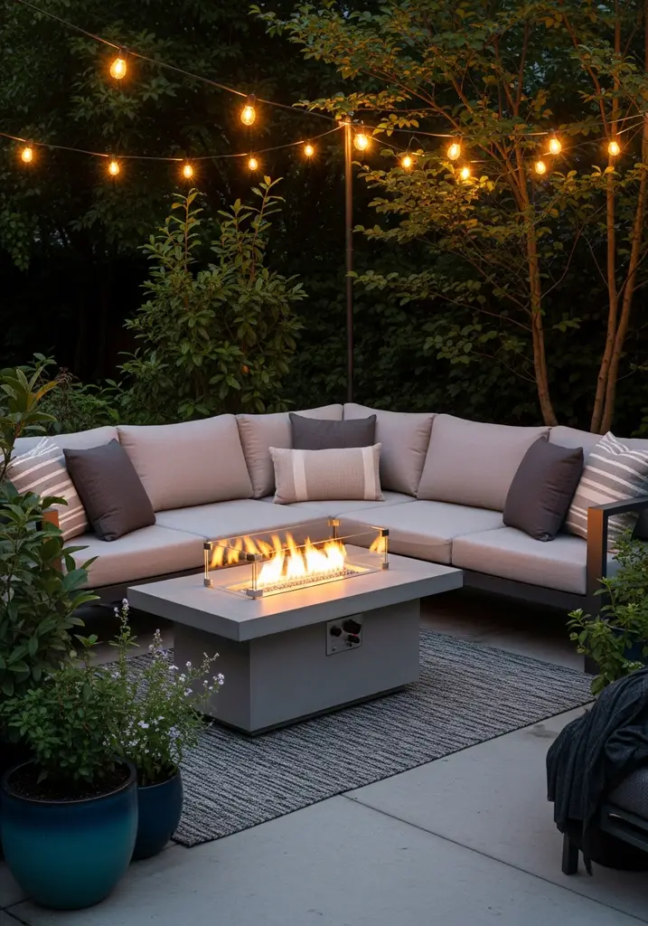 Cozy outdoor seating area with Sunbrella cushions and a fire pit