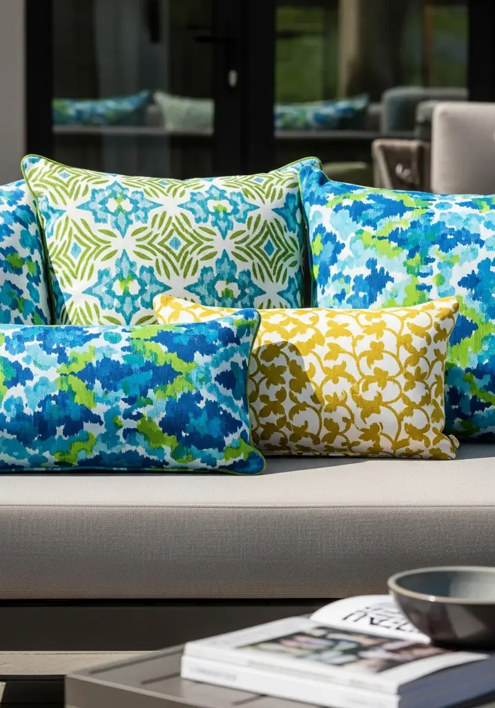 Custom outdoor cushions and pillows on a patio sofa