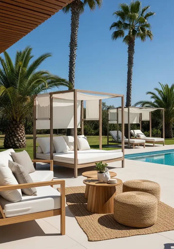 Outdoor daybed with canopy by a pool.