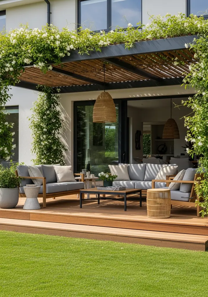 Wooden deck with a pergola covered in flowering vines and lounge seating