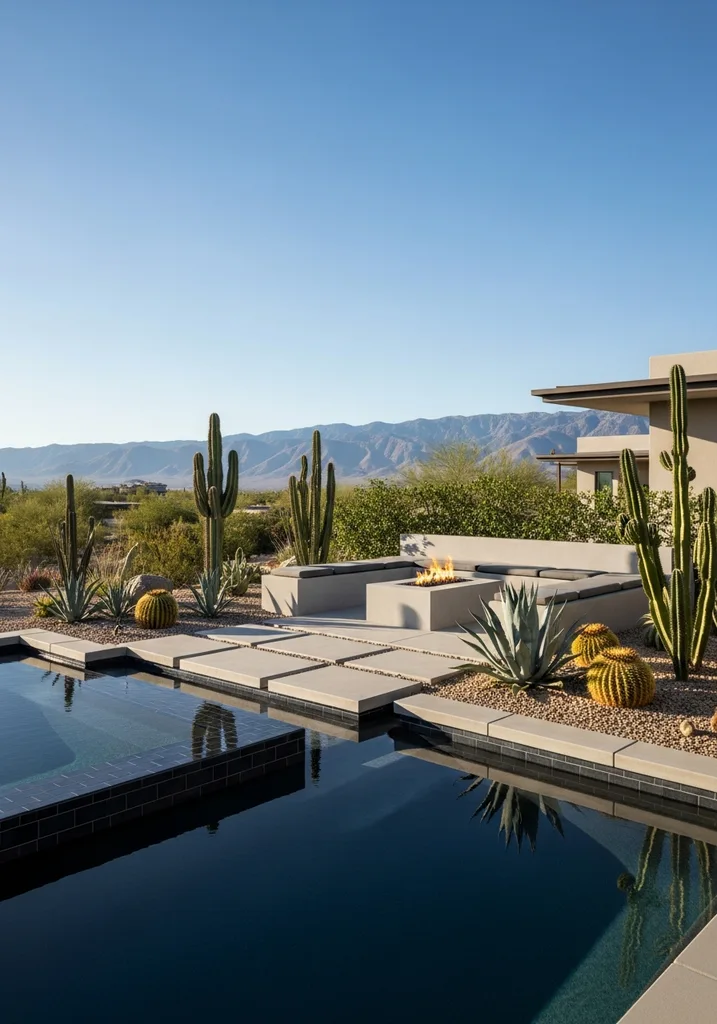 Desert contemporary outdoor living space with a dark pool, baja shelf, desert plants, and a modern fire pit.