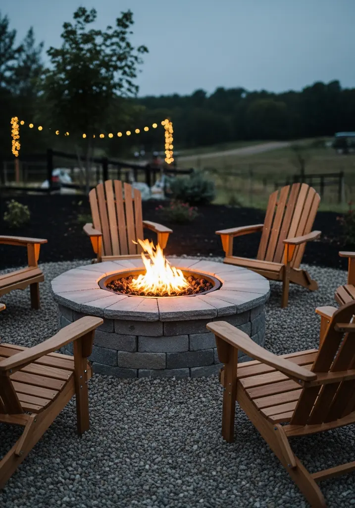 Backyard stone fire pit with wooden Adirondack chairs at dusk