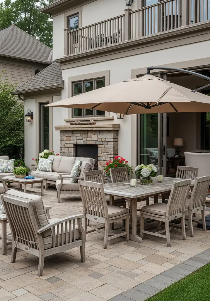 Outdoor dining area with wooden table, chairs, and cantilever umbrella