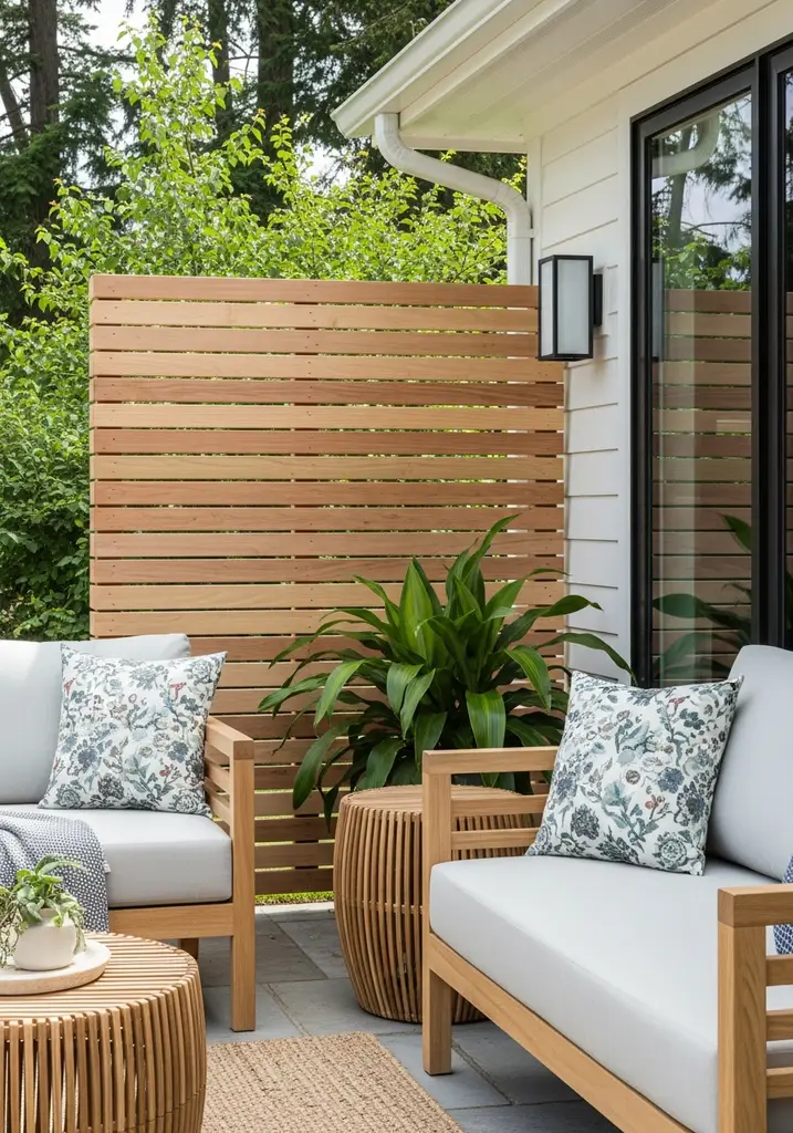 DIY privacy screen constructed from horizontal cedar wood slats.