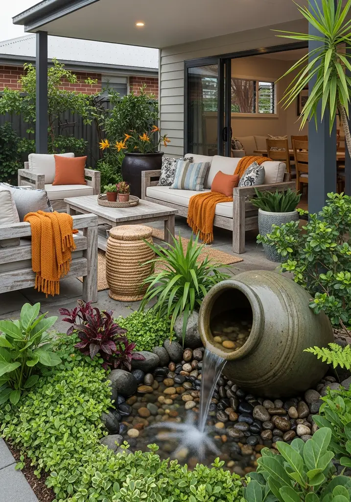 Small DIY water feature made from a ceramic pot and river stones.