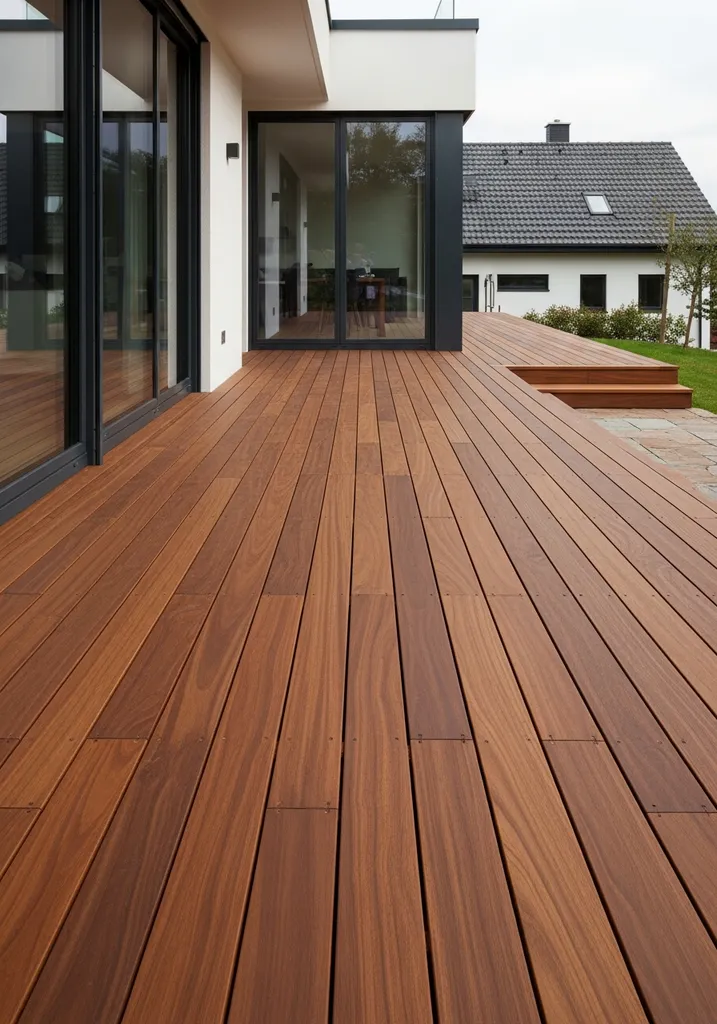 Elegant Ipe wood deck surface extending from a modern home