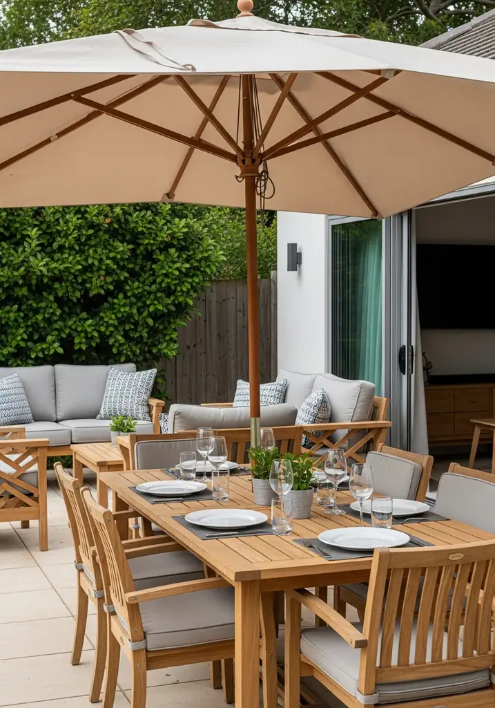 Elegant outdoor dining area with teak table and umbrella