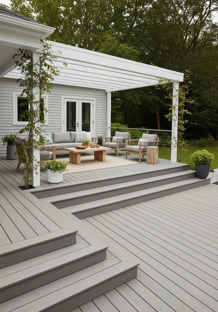 Multi-level composite deck with modern pergola and lounge furniture.