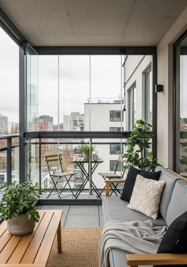 Modern enclosed balcony with city views and bistro furniture