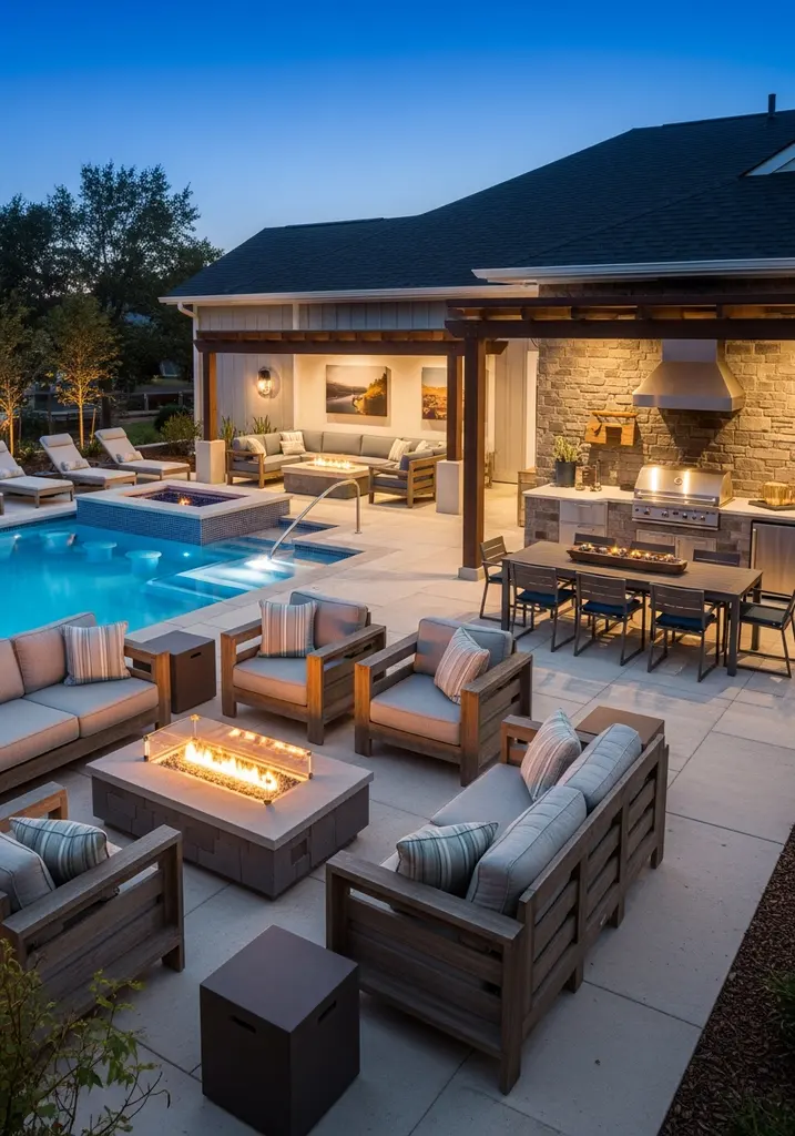 Outdoor entertainment hub with a large pool, swim-up bar, and full outdoor kitchen.