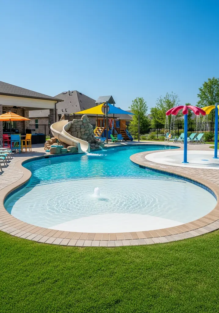 Family-friendly outdoor living space with a freeform pool, waterslide, splash pad, and play area.